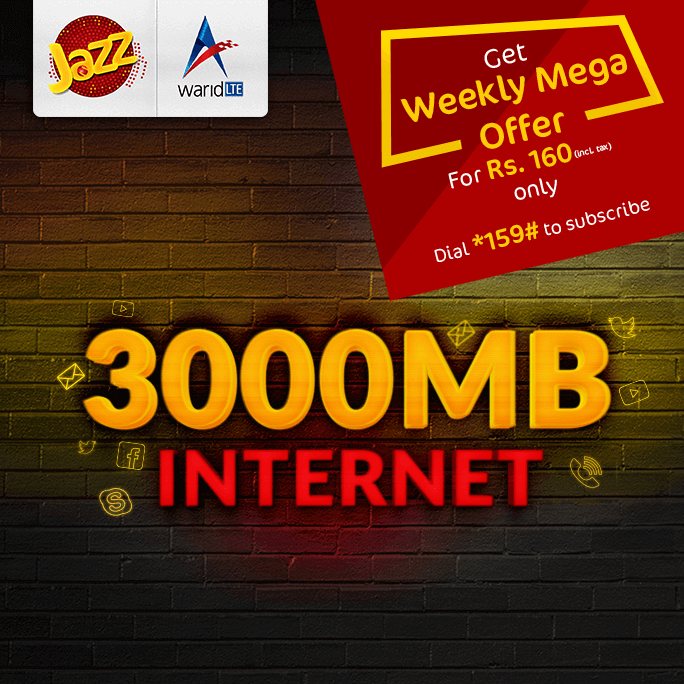 Jazz Weekly Mega Offer 3000 MBs Internet for Pakistan